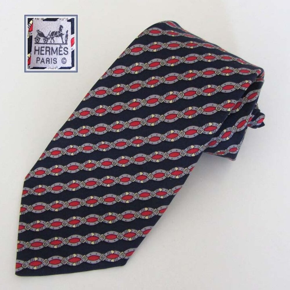HERMES 7021 TA navy red chain belt pattern striped silk tie France
